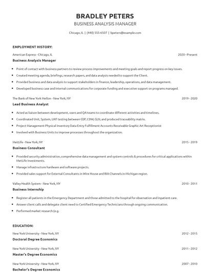 Business Analysis Manager Resume