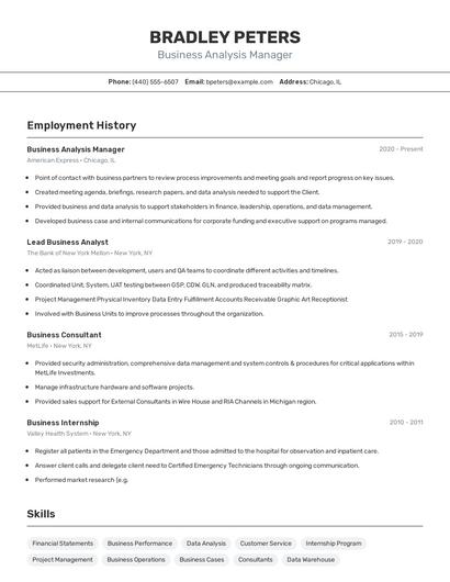 Business Analysis Manager Resume