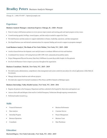 Business Analysis Manager Resume