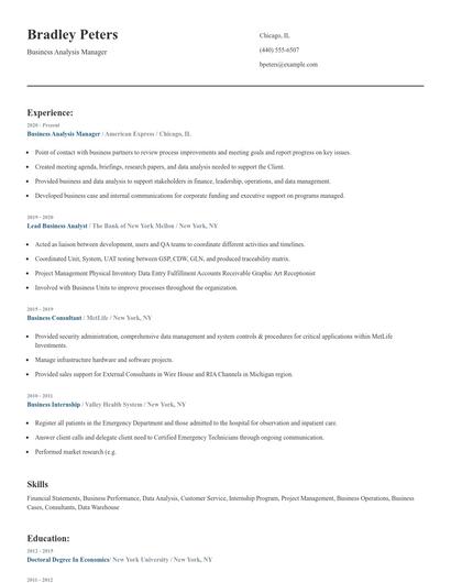 Business Analysis Manager Resume