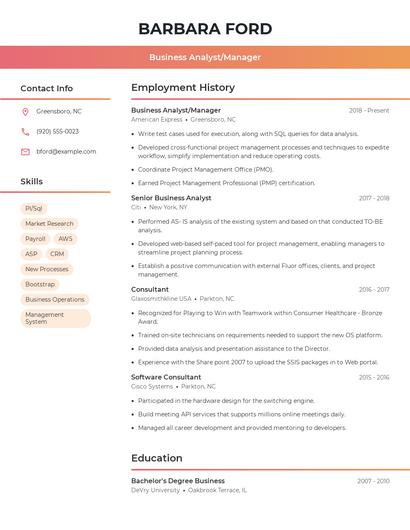 Business Analyst/Manager Resume