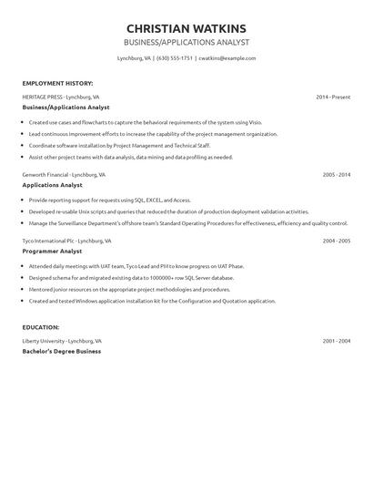 Business/Applications Analyst Resume
