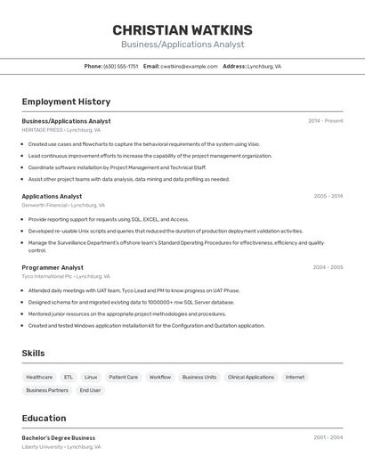 Business/Applications Analyst Resume