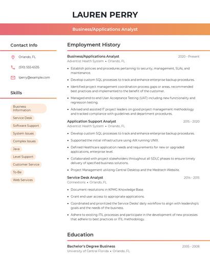 Business/Applications Analyst Resume