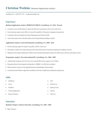 Business/Applications Analyst Resume