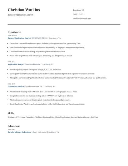 Business/Applications Analyst Resume