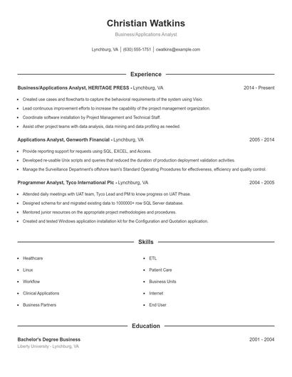 Business/Applications Analyst Resume