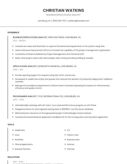Business/Applications Analyst Resume
