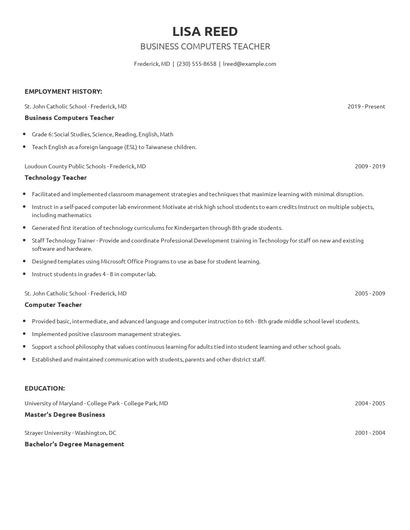 Business Computers Teacher Resume