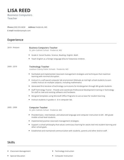 Business Computers Teacher Resume