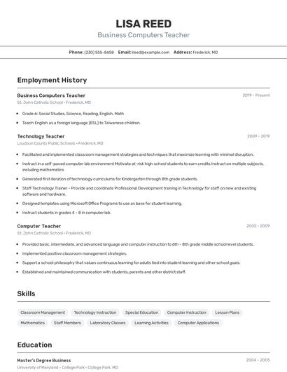 Business Computers Teacher Resume