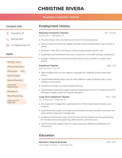 Business Computers Teacher Resume