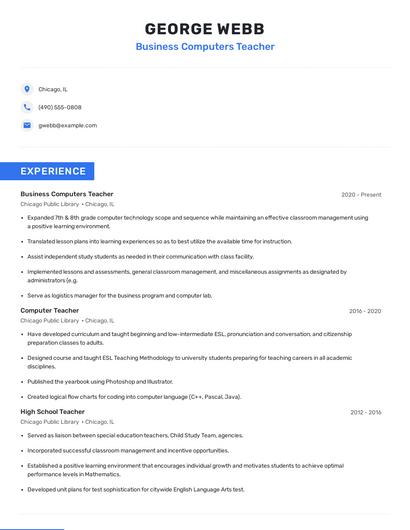 Business Computers Teacher Resume
