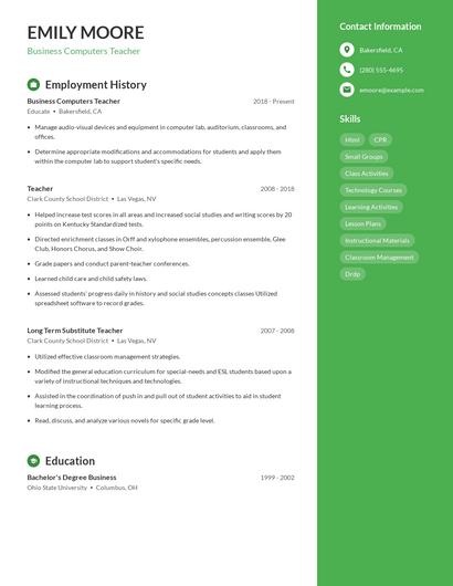 Business Computers Teacher Resume
