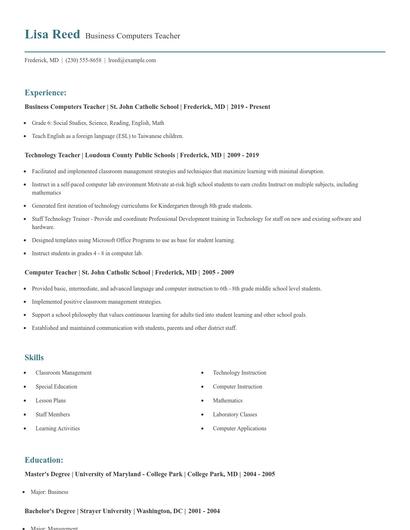Business Computers Teacher Resume