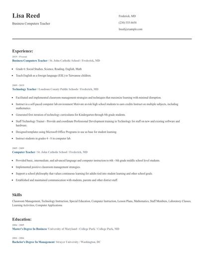 Business Computers Teacher Resume