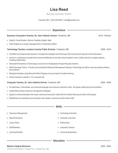 Business Computers Teacher Resume