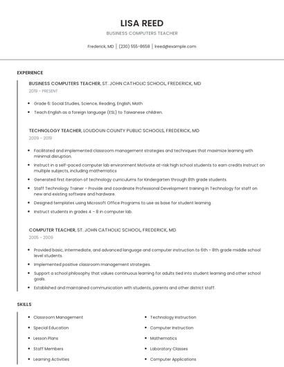 Business Computers Teacher Resume
