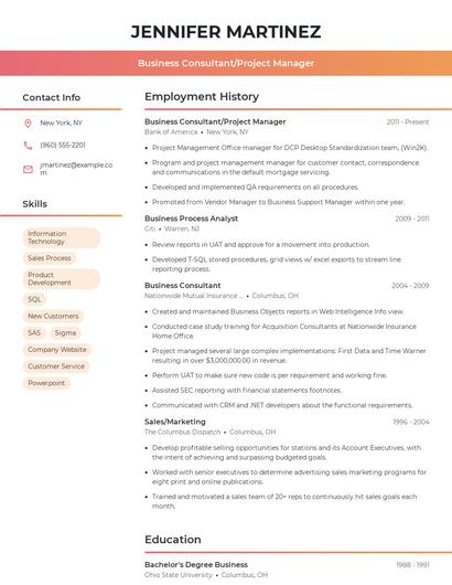 Business Consultant/Project Manager Resume