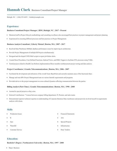 Business Consultant/Project Manager Resume