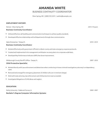 Business Continuity Coordinator Resume