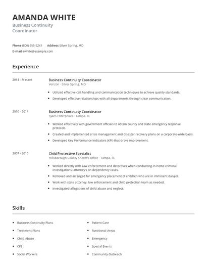 Business Continuity Coordinator Resume