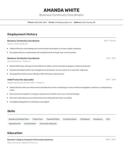 Business Continuity Coordinator Resume