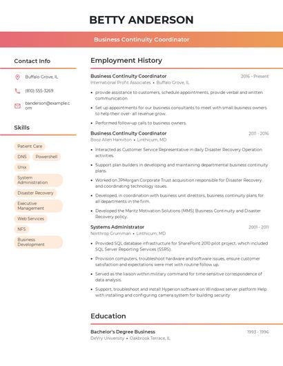 Business Continuity Coordinator Resume