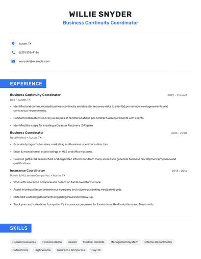 Business Continuity Coordinator Resume
