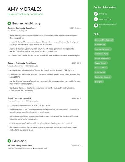 Business Continuity Coordinator Resume