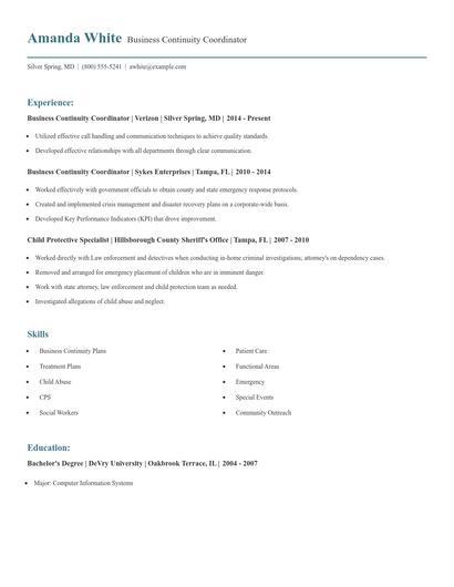 Business Continuity Coordinator Resume