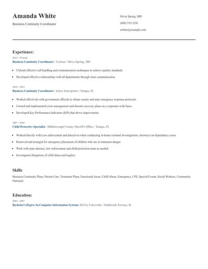 Business Continuity Coordinator Resume