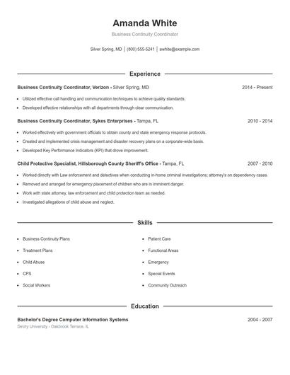 Business Continuity Coordinator Resume