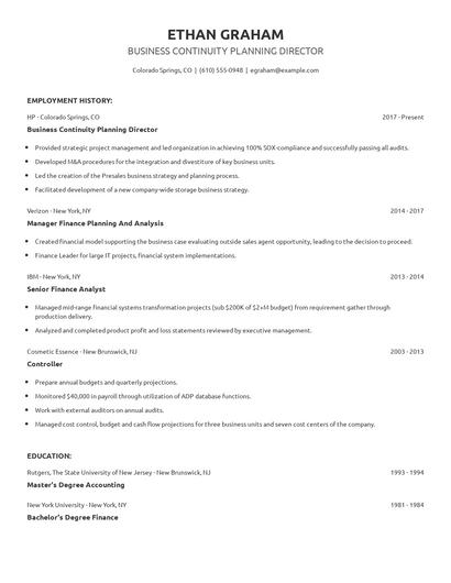 Business Continuity Planning Director Resume