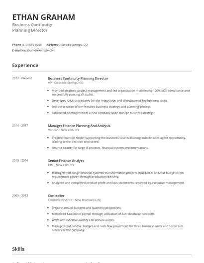 Business Continuity Planning Director Resume