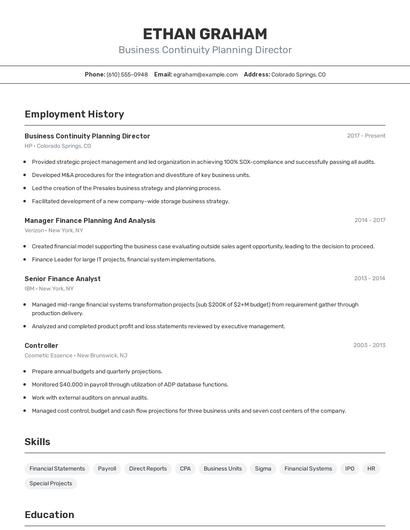 Business Continuity Planning Director Resume