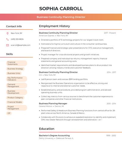 Business Continuity Planning Director Resume