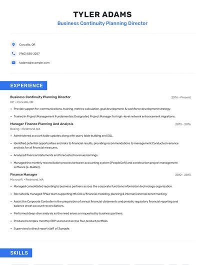 Business Continuity Planning Director Resume