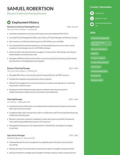 Business Continuity Planning Director Resume