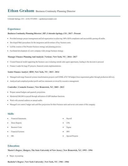 Business Continuity Planning Director Resume