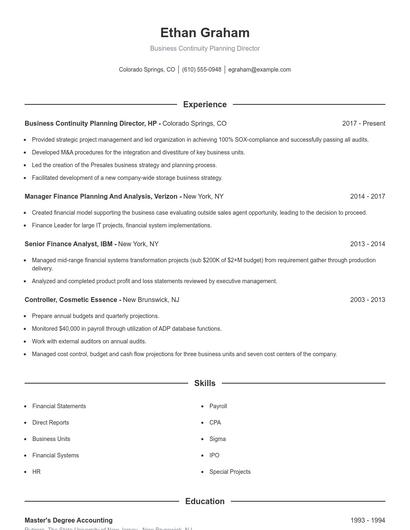 Business Continuity Planning Director Resume