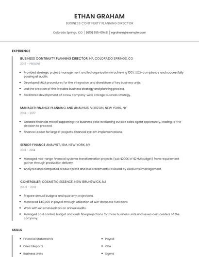 Business Continuity Planning Director Resume