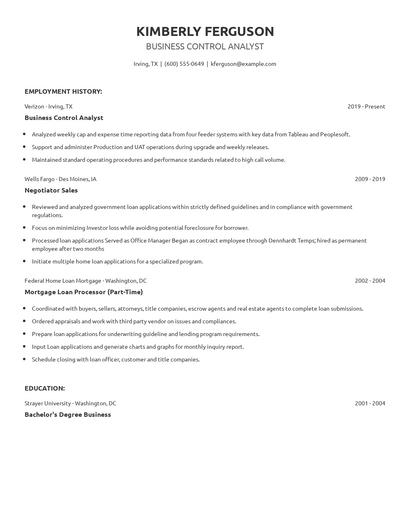 Business Control Analyst Resume