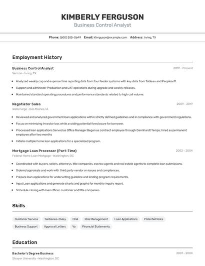 Business Control Analyst Resume