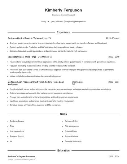 Business Control Analyst Resume