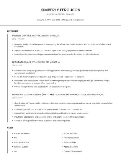 Business Control Analyst Resume