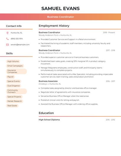 Business Coordinator Resume