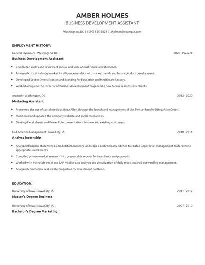 Business Development Assistant Resume