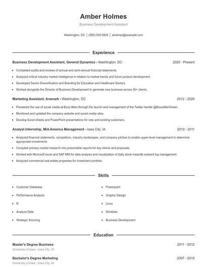 Business Development Assistant Resume