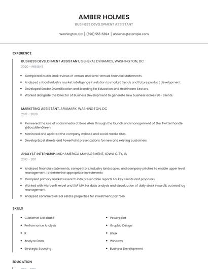 Business Development Assistant Resume